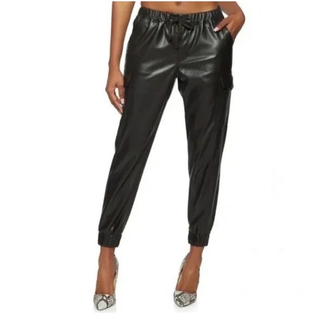 Almost Famous Leather Cargo Joggers With Elastic Waist And Draw String Size L